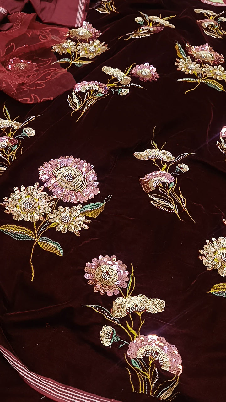 3pc twin mehroon sequence velvet
