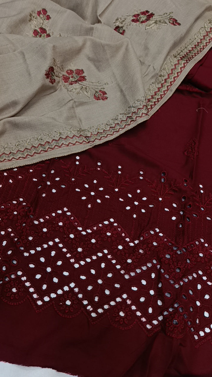 3pc dhankh wool pashmina mehroon