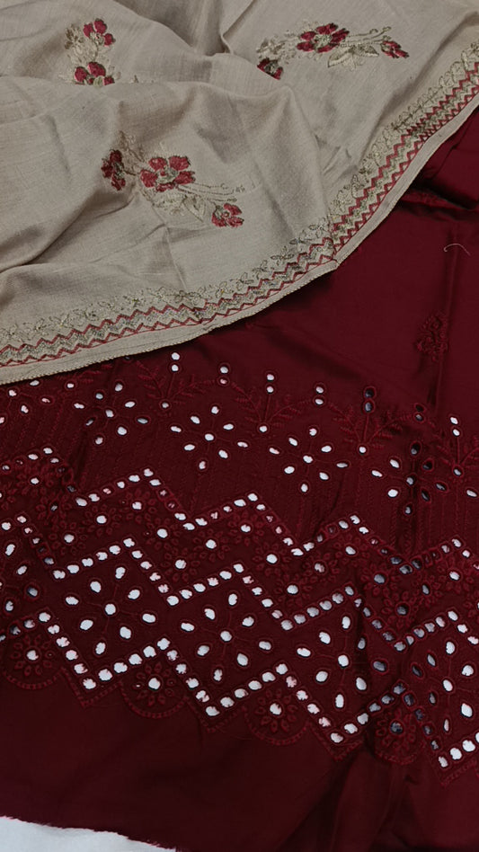3pc dhankh wool pashmina mehroon