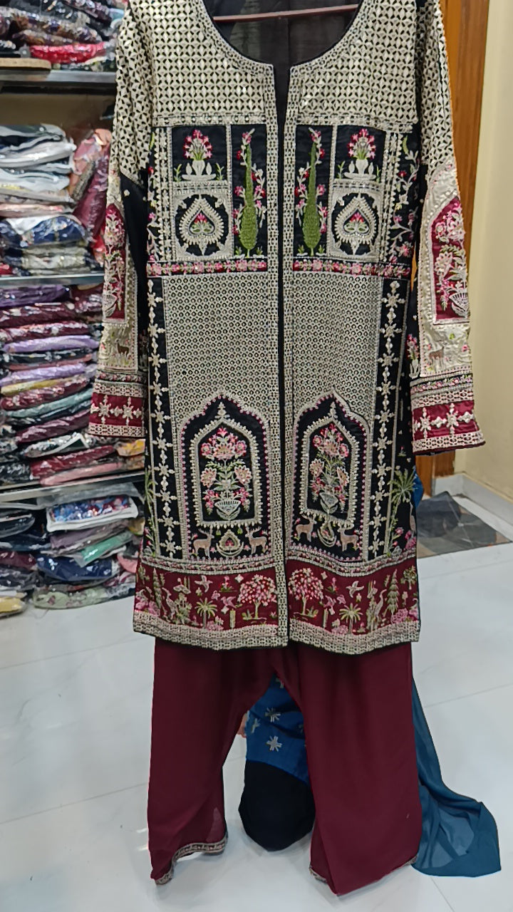 2pc stitched farah black silk