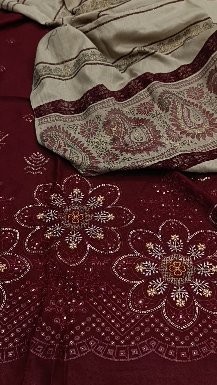 3pc  starfaa mehroon dhanak