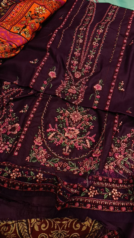 3pc hussain rehar purple dhanak