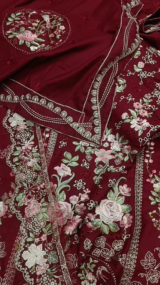3pc tajdaar maroon dhanak