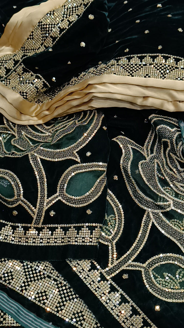 3pc green Rhinstone flowers iron velvet