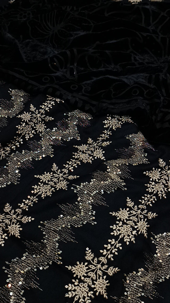 3pc elif black dhanak with palachi shawl