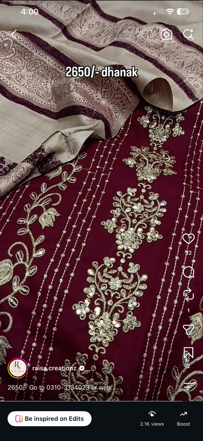 3pc urban mehroon dhankh