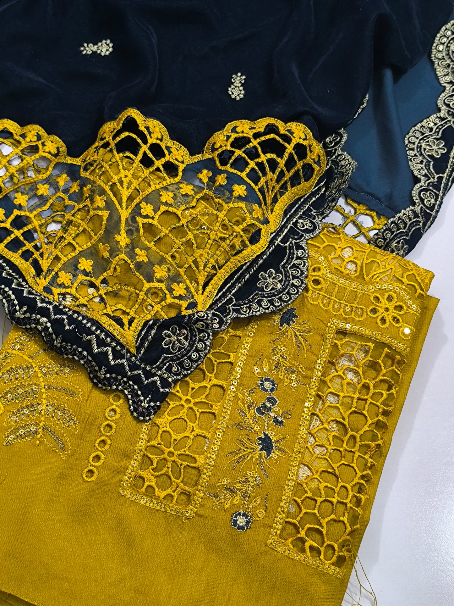 Premium Dhanak 3PC Suit for Women with Imported 9000 Micro Velvet  Shawl with Cutwork & Velvet Appliqué MUSTURDZINK