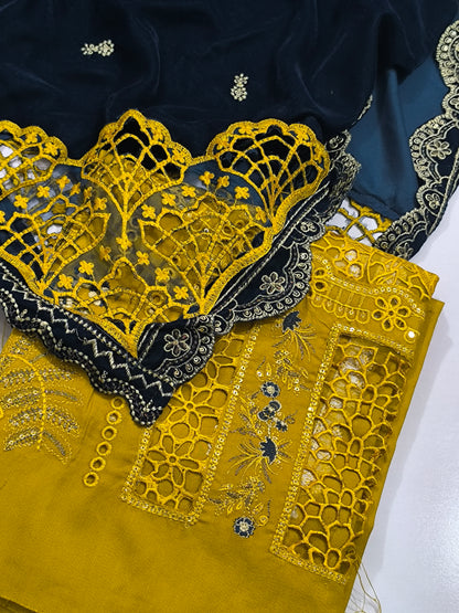 Premium Dhanak 3PC Suit for Women with Imported 9000 Micro Velvet  Shawl with Cutwork & Velvet Appliqué MUSTURDZINK