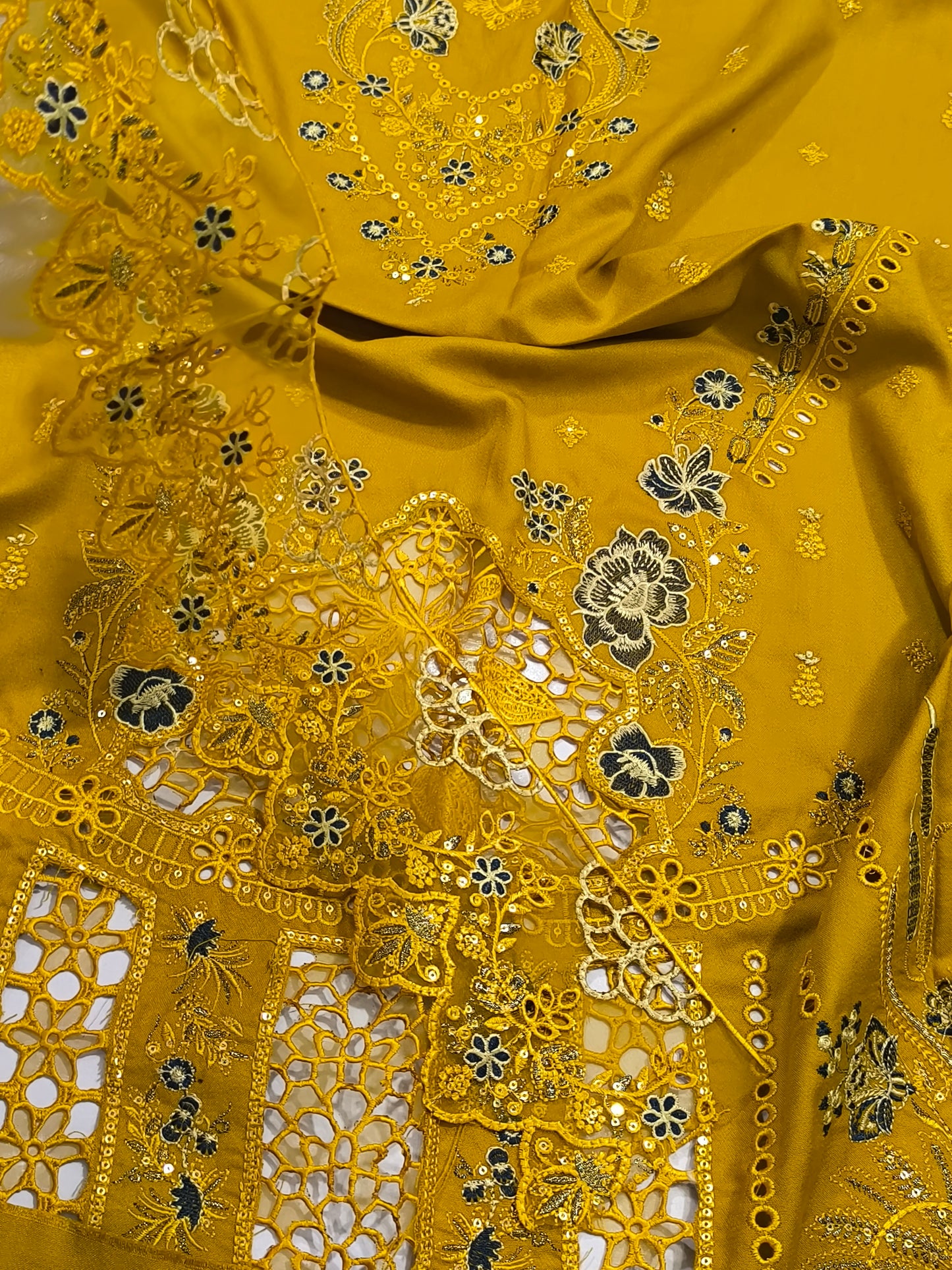 Premium Dhanak 3PC Suit for Women with Imported 9000 Micro Velvet  Shawl with Cutwork & Velvet Appliqué MUSTURDZINK