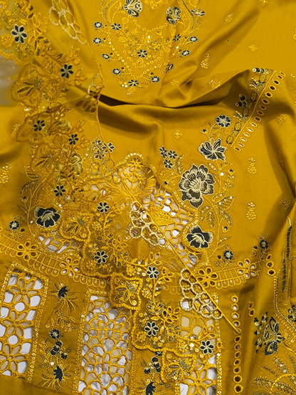 Premium Dhanak 3PC Suit for Women with Imported 9000 Micro Velvet  Shawl with Cutwork & Velvet Appliqué MUSTURDZINK