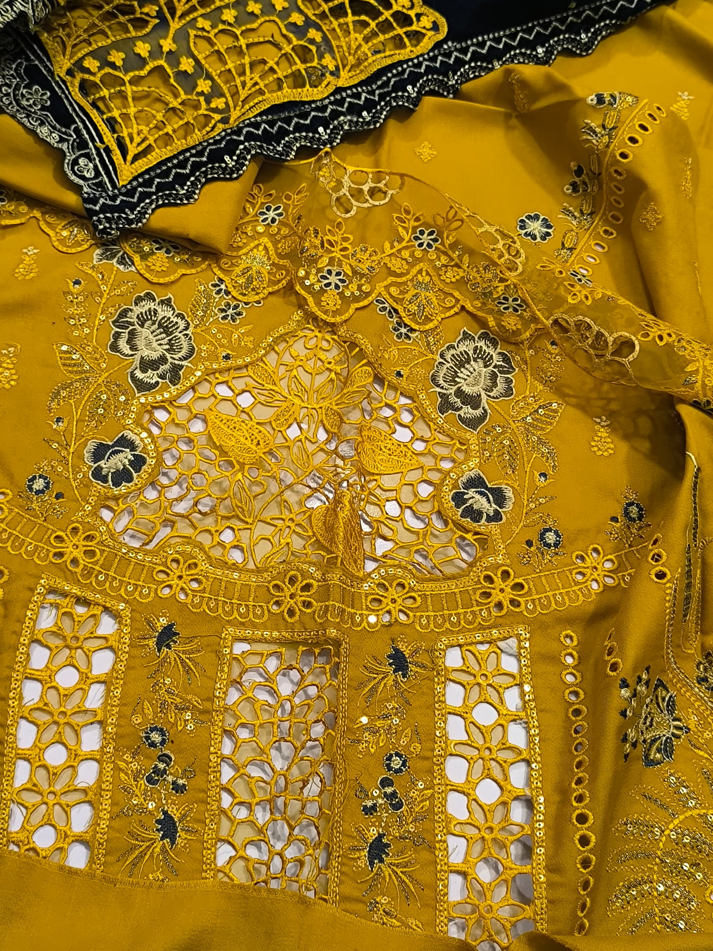 Premium Dhanak 3PC Suit for Women with Imported 9000 Micro Velvet  Shawl with Cutwork & Velvet Appliqué MUSTURDZINK