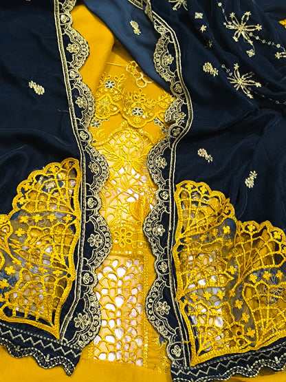 Premium Dhanak 3PC Suit for Women with Imported 9000 Micro Velvet  Shawl with Cutwork & Velvet Appliqué MUSTURDZINK