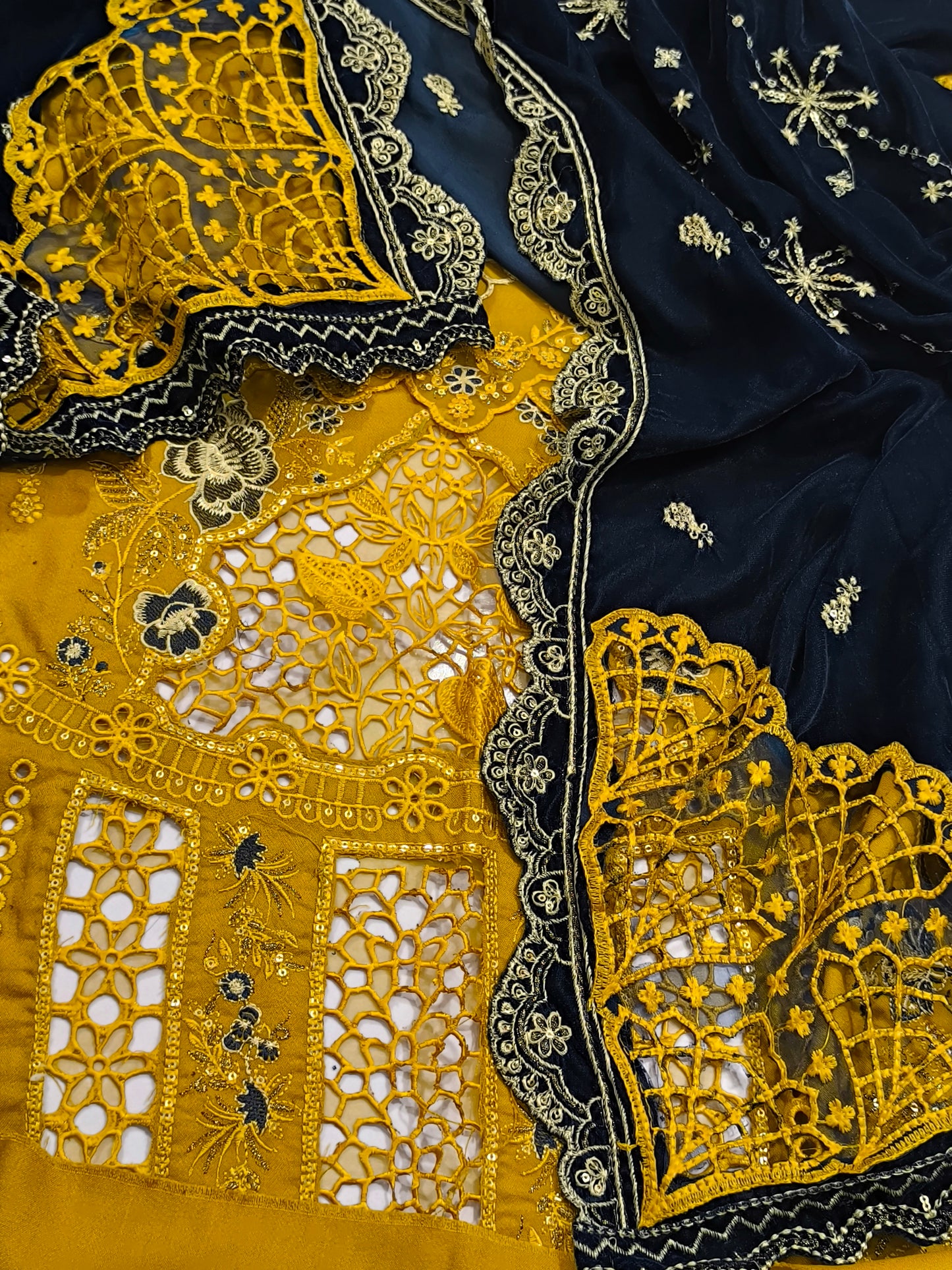 Premium Dhanak 3PC Suit for Women with Imported 9000 Micro Velvet  Shawl with Cutwork & Velvet Appliqué MUSTURDZINK