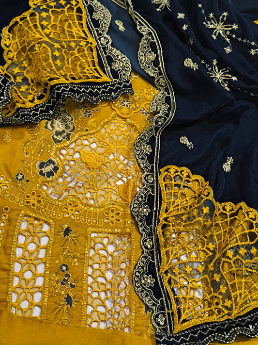 Premium Dhanak 3PC Suit for Women with Imported 9000 Micro Velvet  Shawl with Cutwork & Velvet Appliqué MUSTURDZINK