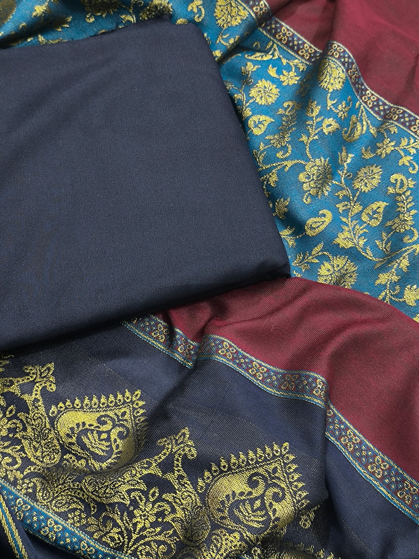 Plain 5M Dhanak Shirt & Trouser with 4D Rangoli Shawl – Replica of J NAVY BLUE