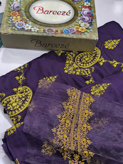 Breeze Replica 3PC Dhanak Suit for Women – Heavy Embroidered shawl paan jaal PURPLE
