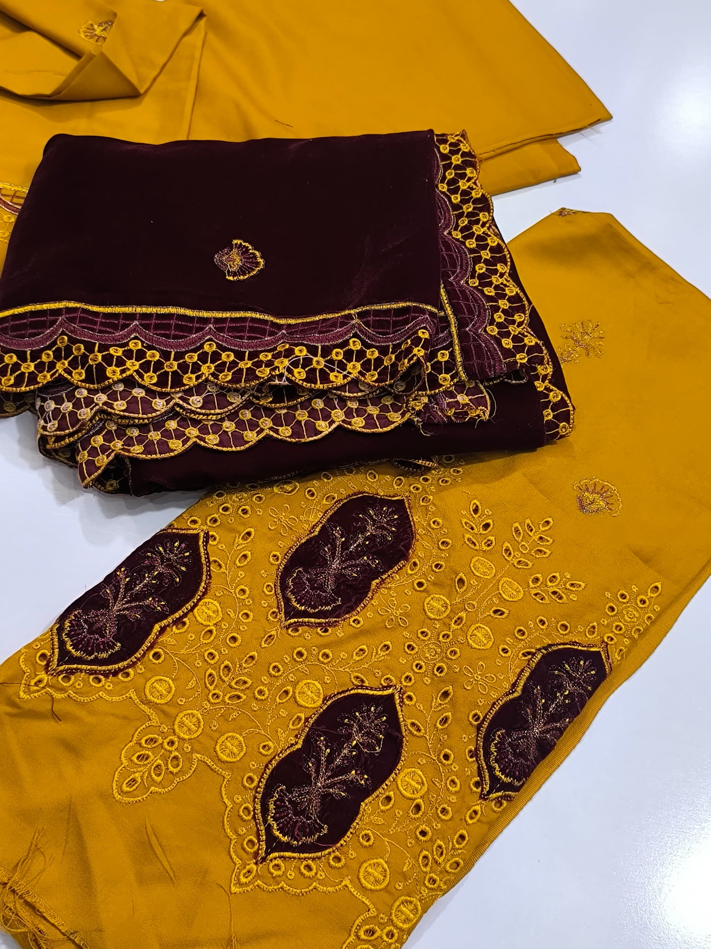 Premium Dhanak 3PC Suit for Women with Imported 9000 Micro Velvet Shawl MAROONSHAWLMUSTURD AHM