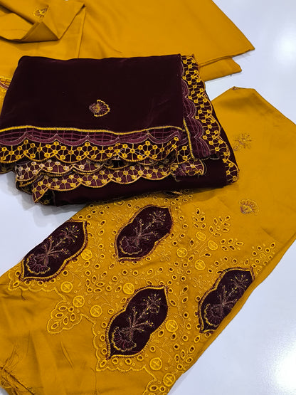 Premium Dhanak 3PC Suit for Women with Imported 9000 Micro Velvet Shawl MAROONSHAWLMUSTURD AHM