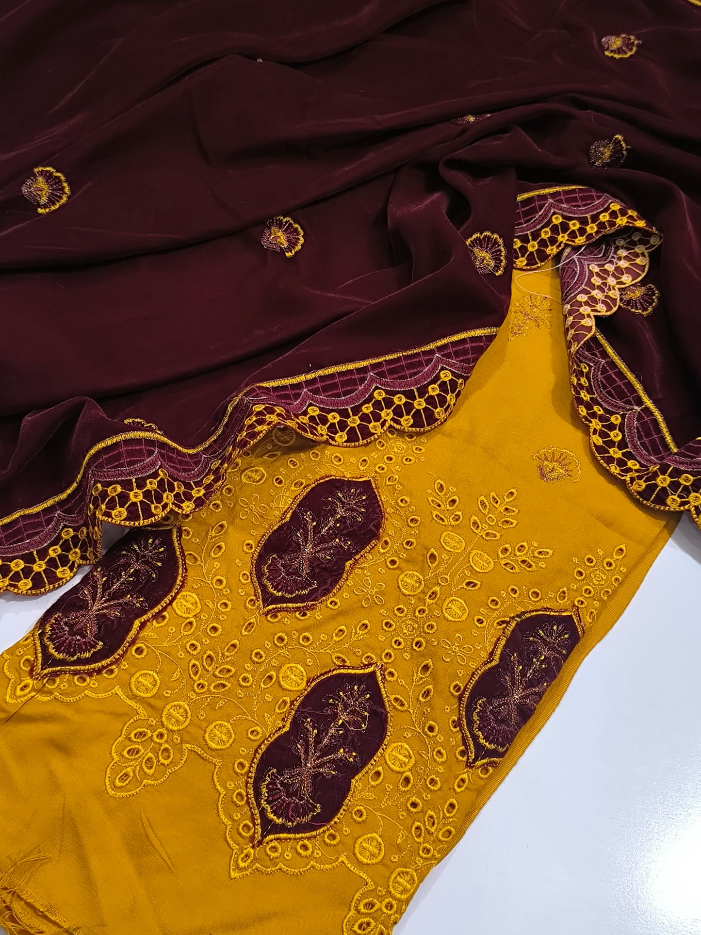 Premium Dhanak 3PC Suit for Women with Imported 9000 Micro Velvet Shawl MAROONSHAWLMUSTURD AHM