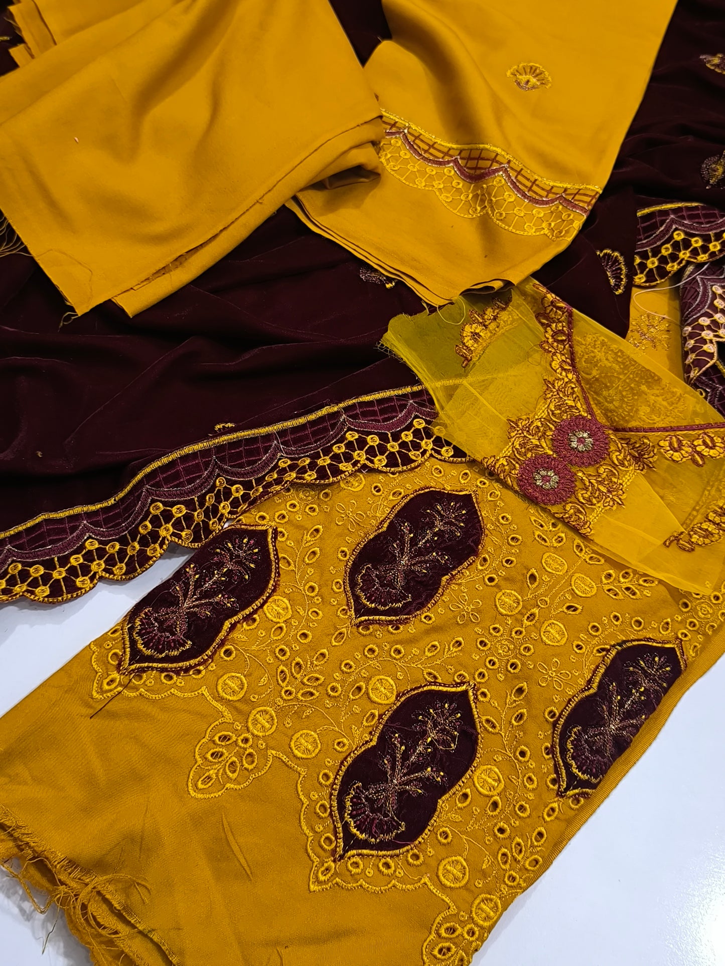 Premium Dhanak 3PC Suit for Women with Imported 9000 Micro Velvet Shawl MAROONSHAWLMUSTURD AHM