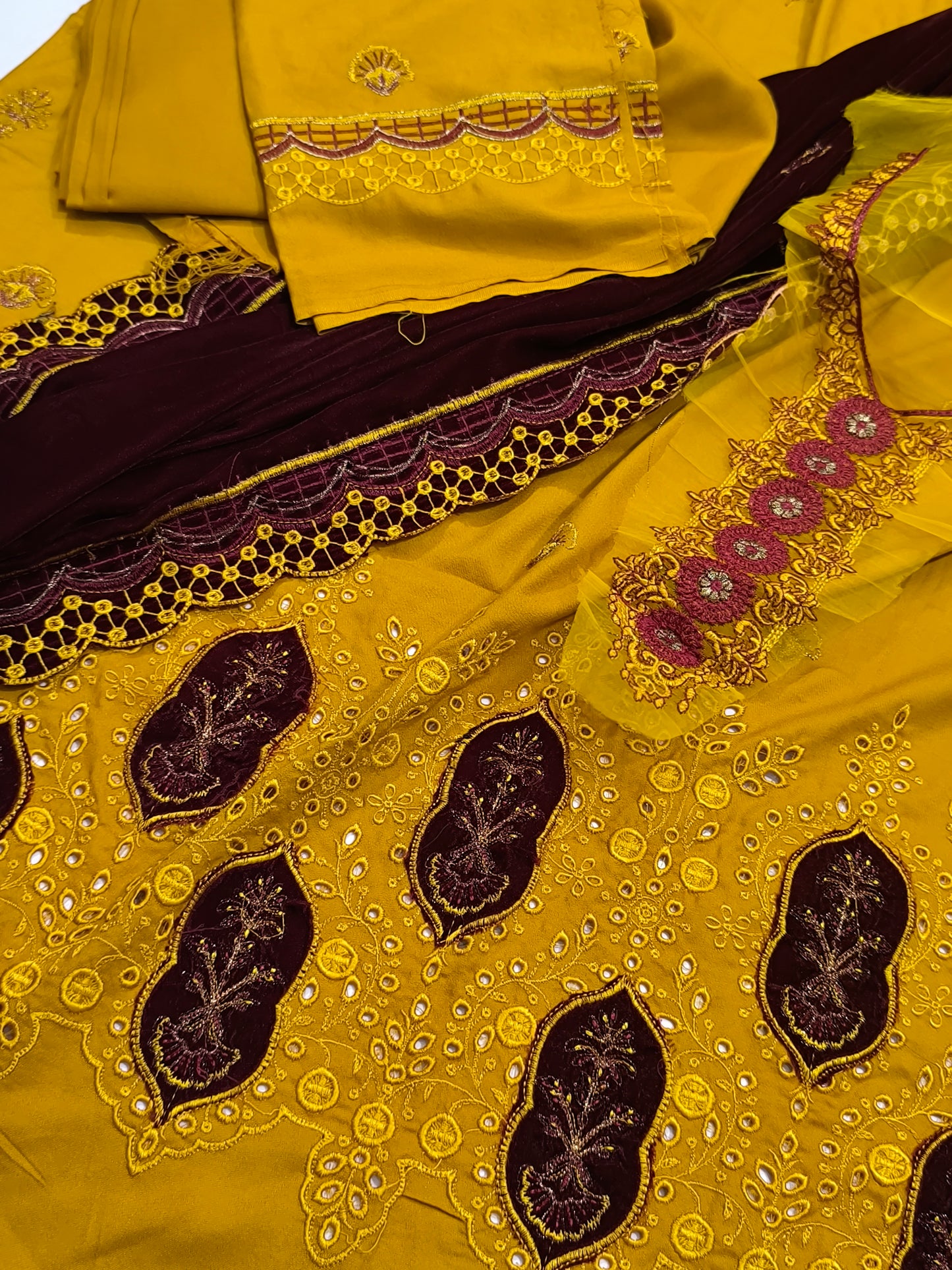 Premium Dhanak 3PC Suit for Women with Imported 9000 Micro Velvet Shawl MAROONSHAWLMUSTURD AHM