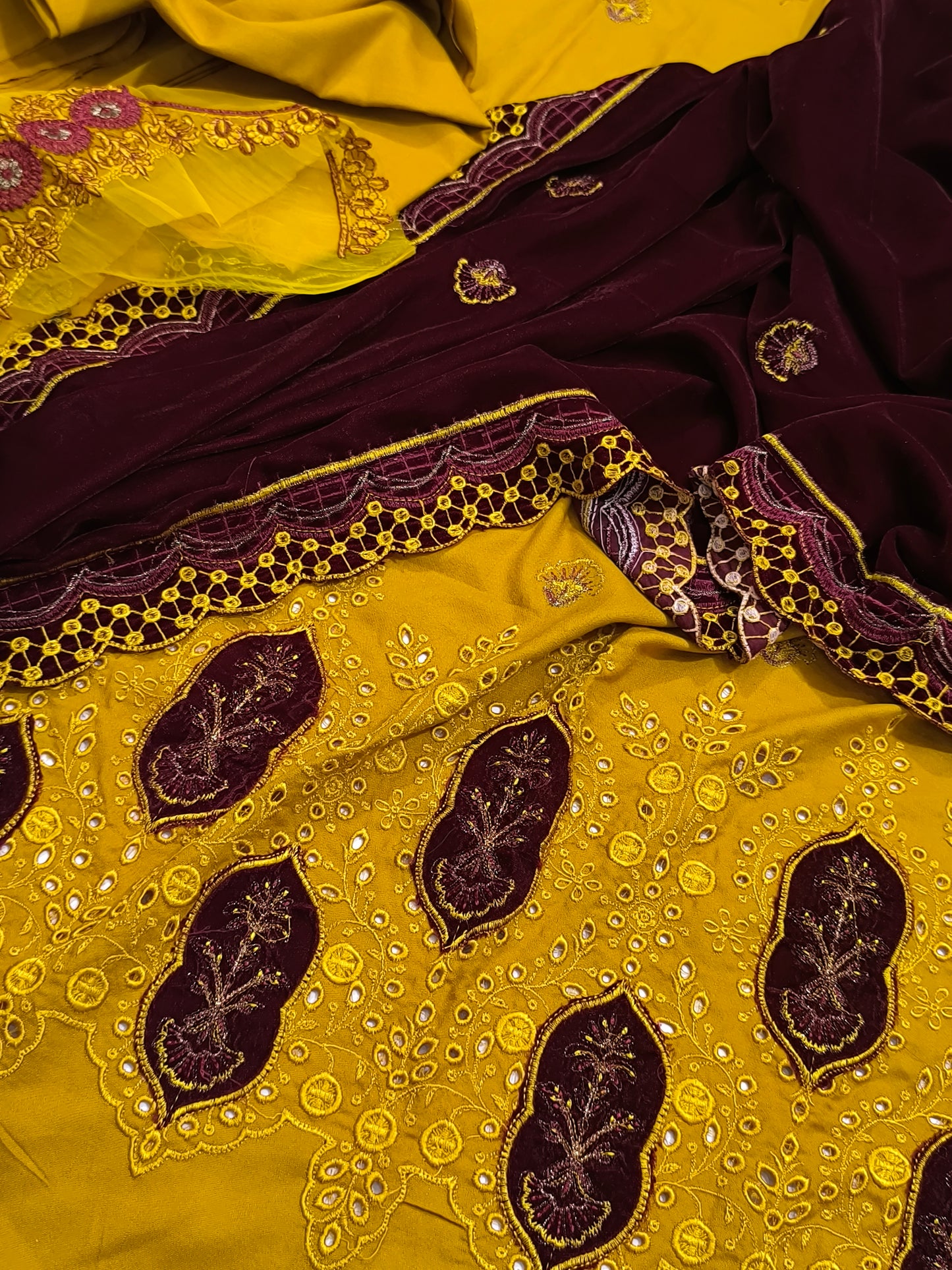 Premium Dhanak 3PC Suit for Women with Imported 9000 Micro Velvet Shawl MAROONSHAWLMUSTURD AHM