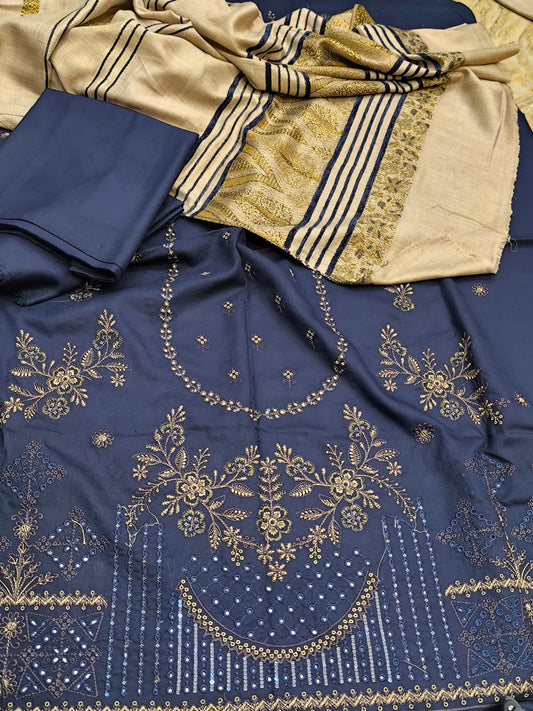 3PC Winter Dhanak Suit  Acrylic Wool Shawl | HNFBLUESMPSHAL