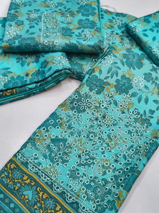 Printed 3PC Dhanak Suit for Women | Center Panel SKY BLUE COPIIIIII