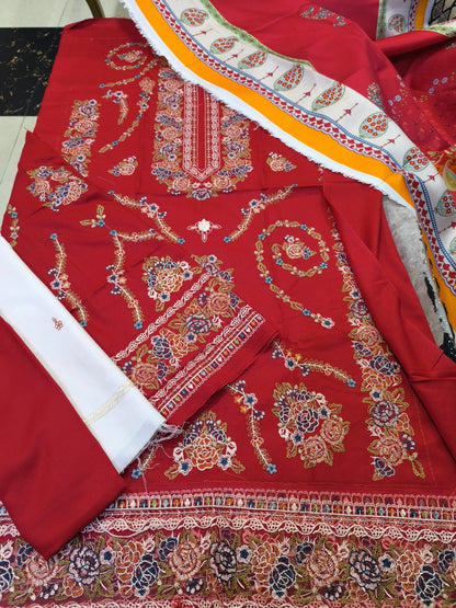 Zara Shahjahan Inspired 3PC Embroidered Dhanak Suit | Winter Collection RED