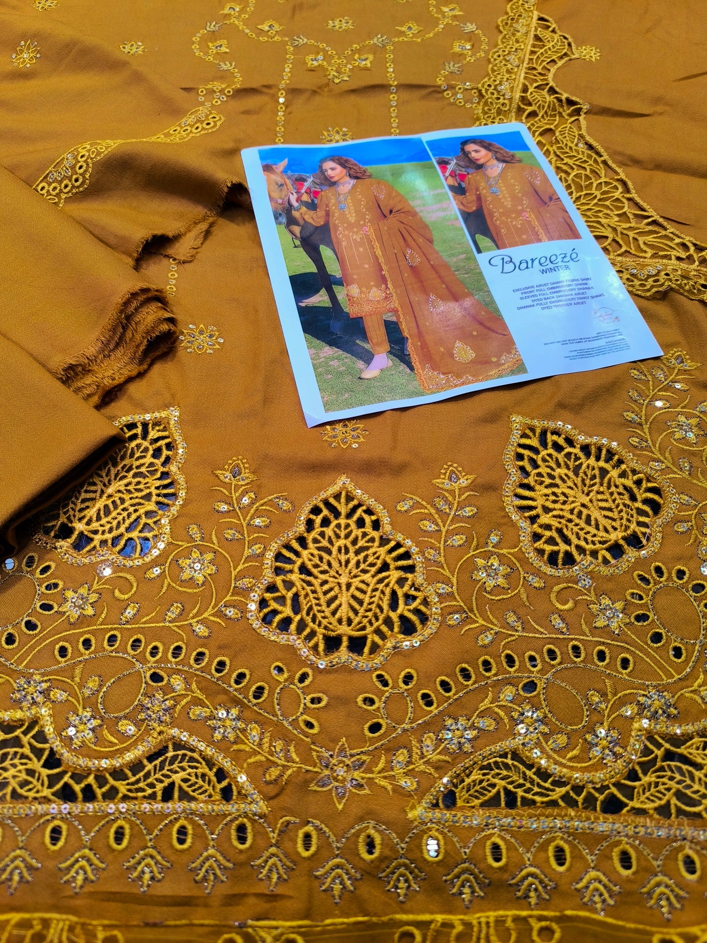 Luxury Dhanak Heavy Embroidered Shirt with Dissolving Cutwork Shiffli | Matching Shawl MUSTURD
