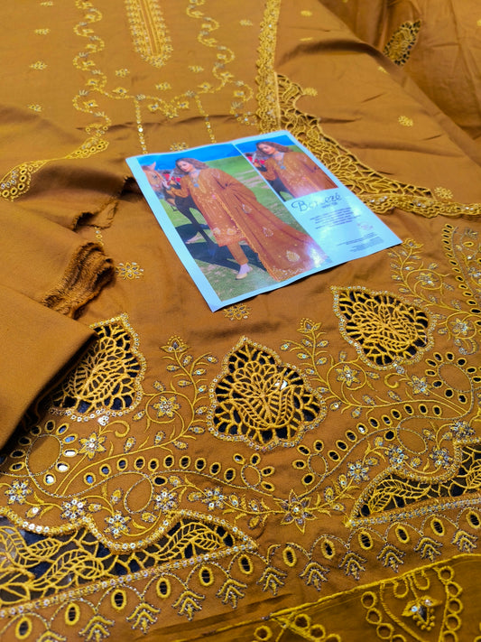 Luxury Dhanak Heavy Embroidered Shirt with Dissolving Cutwork Shiffli | Matching Shawl MUSTURD