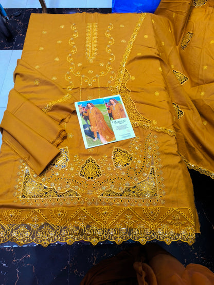 Luxury Dhanak Heavy Embroidered Shirt with Dissolving Cutwork Shiffli | Matching Shawl MUSTURD