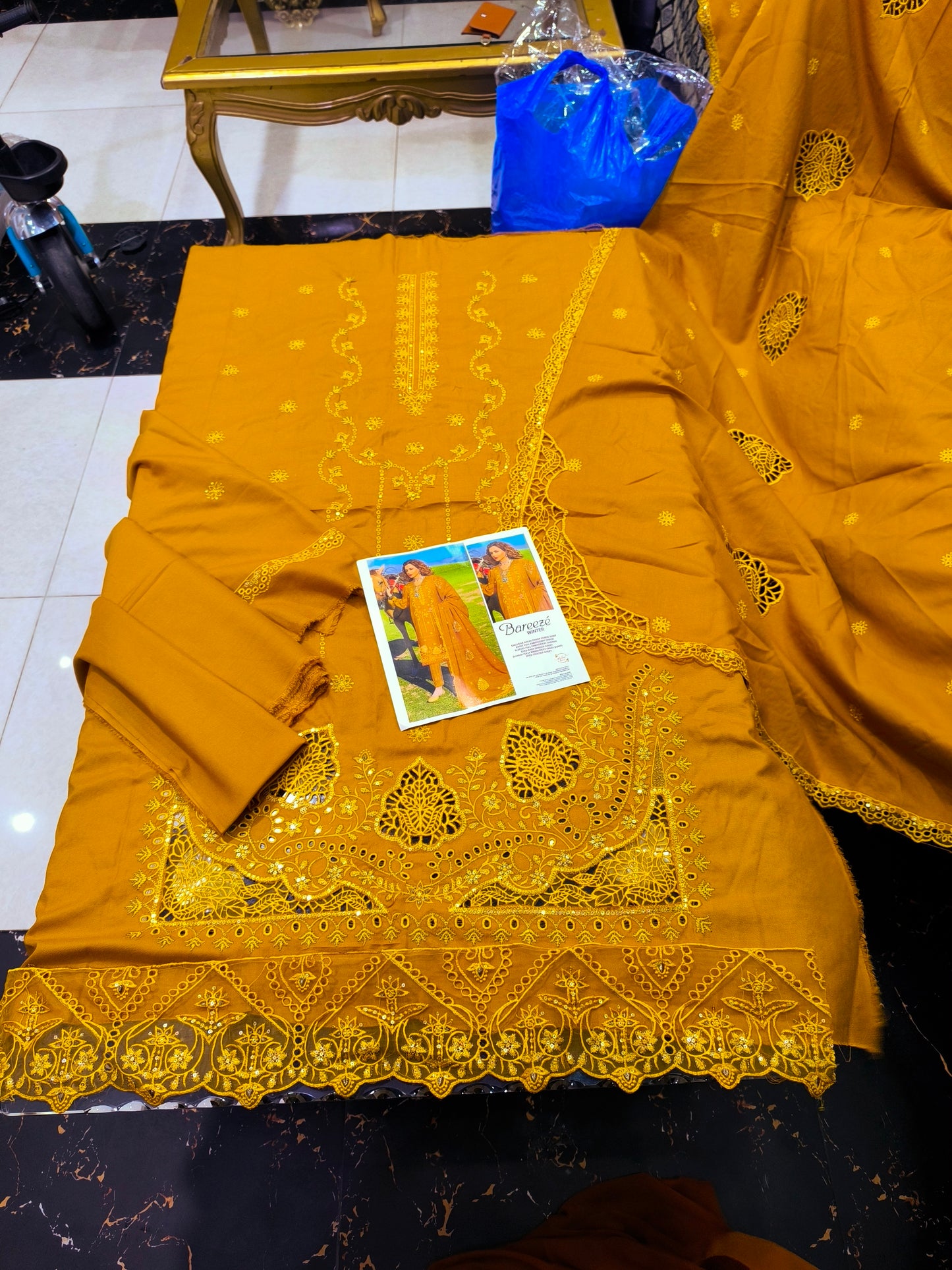 Luxury Dhanak Heavy Embroidered Shirt with Dissolving Cutwork Shiffli | Matching Shawl MUSTURD