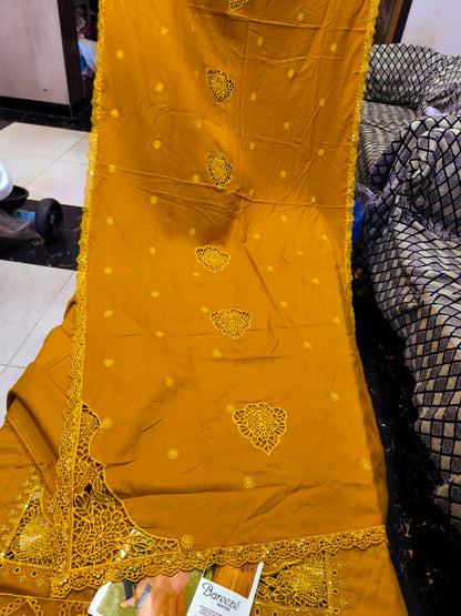 Luxury Dhanak Heavy Embroidered Shirt with Dissolving Cutwork Shiffli | Matching Shawl MUSTURD