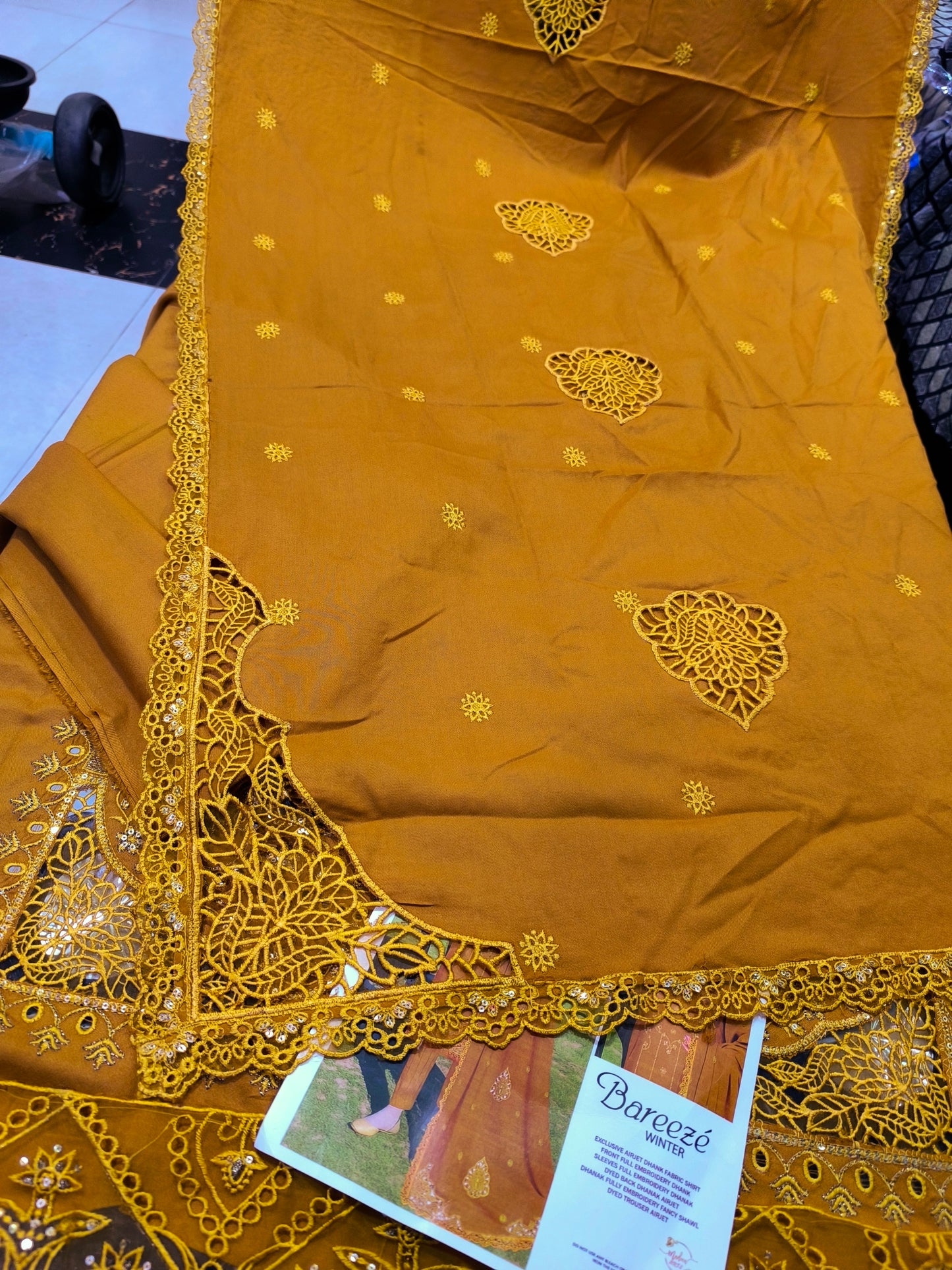 Luxury Dhanak Heavy Embroidered Shirt with Dissolving Cutwork Shiffli | Matching Shawl MUSTURD