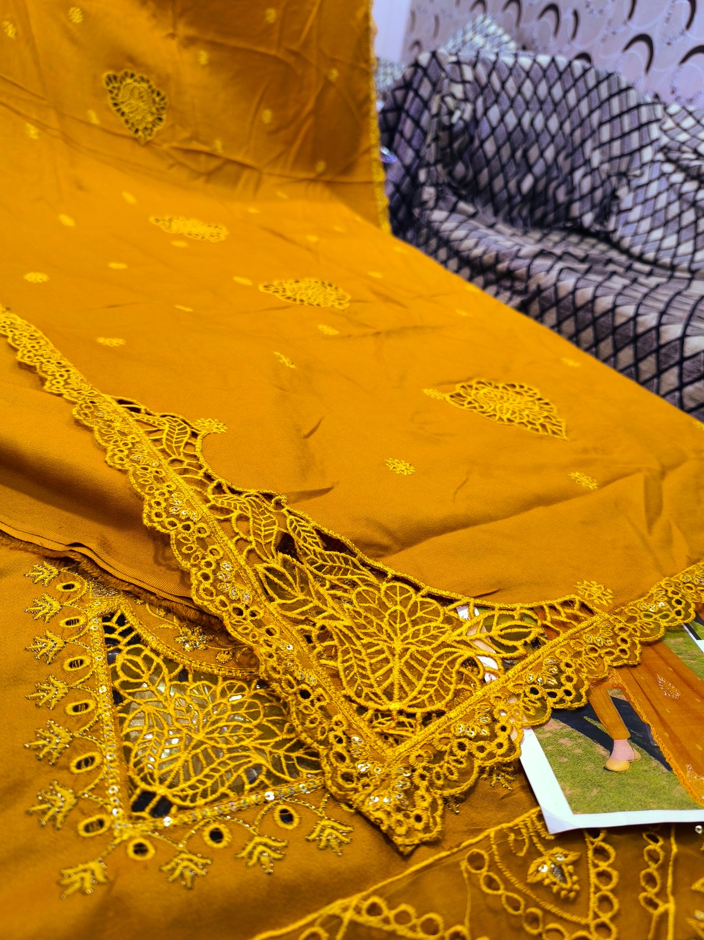 Luxury Dhanak Heavy Embroidered Shirt with Dissolving Cutwork Shiffli | Matching Shawl MUSTURD