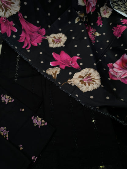 Iznik Inspired 3PC Chikankari Embroidered Dhanak Suit BLACK