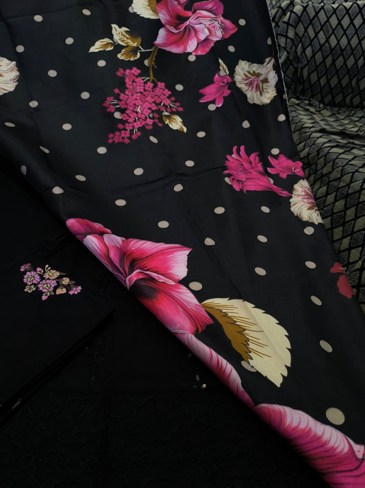 Iznik Inspired 3PC Chikankari Embroidered Dhanak Suit BLACK