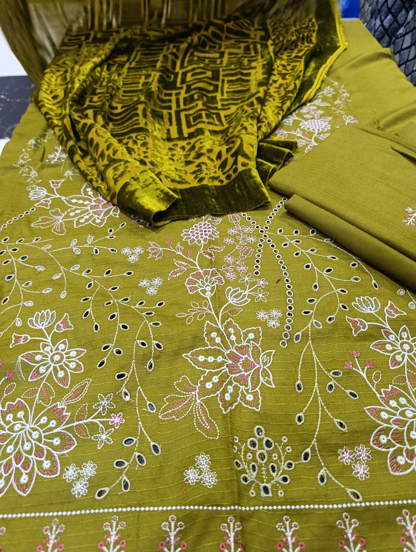 PC Dhanak Dress with Heavy Embroidery | Light Embroidered Sleeves & Back | Plain Trouser & Palachi Shawl DHAANI