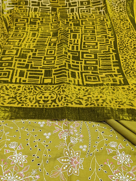 PC Dhanak Dress with Heavy Embroidery | Light Embroidered Sleeves & Back | Plain Trouser & Palachi Shawl DHAANI