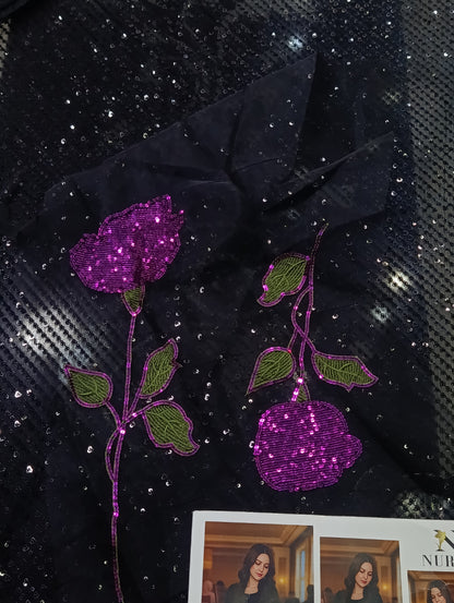Nureh Inspired Heavily Sequined Chiffon Dress | Silk Trouser & Organza Dupatta BLACK