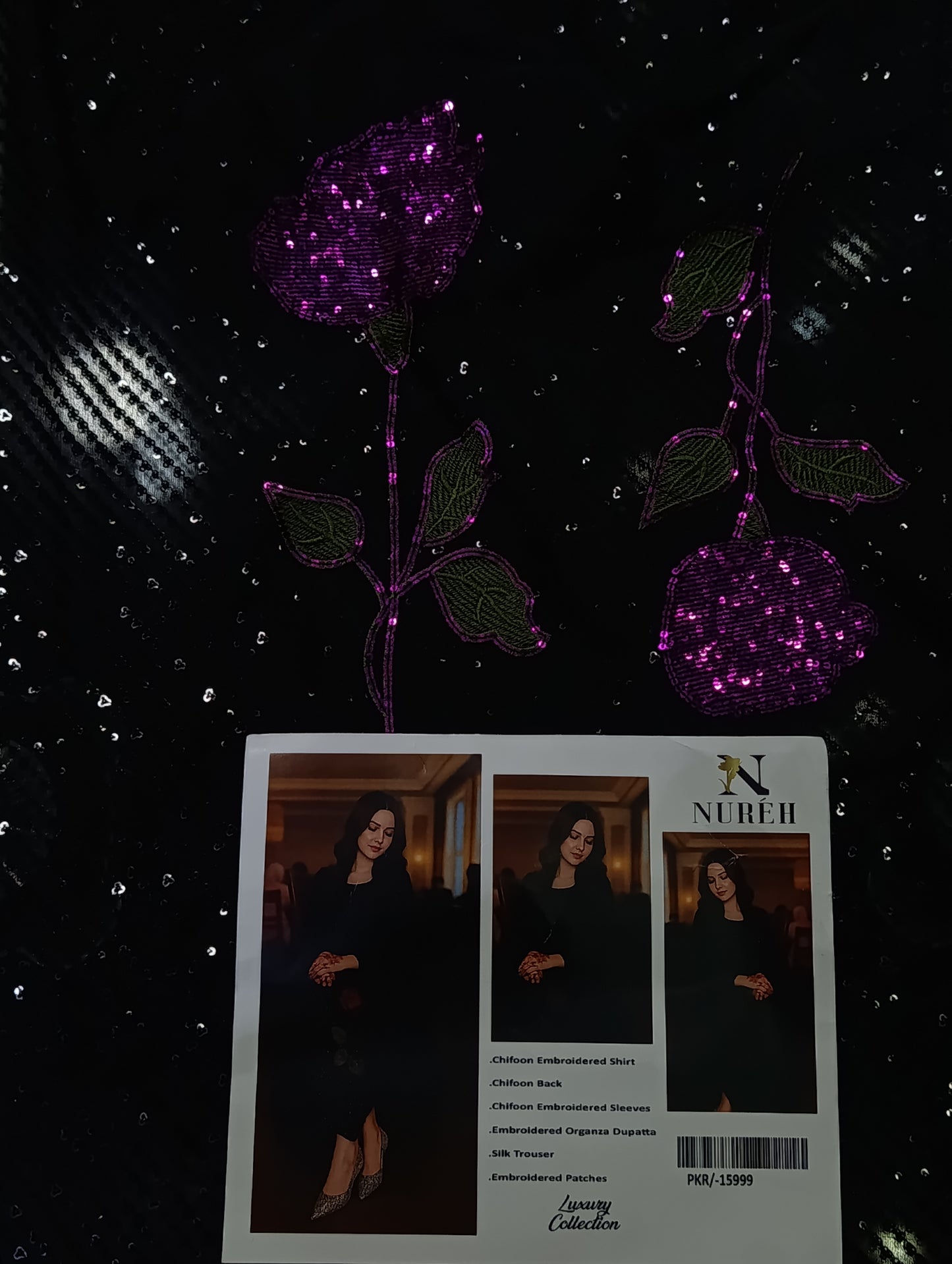 Nureh Inspired Heavily Sequined Chiffon Dress | Silk Trouser & Organza Dupatta BLACK