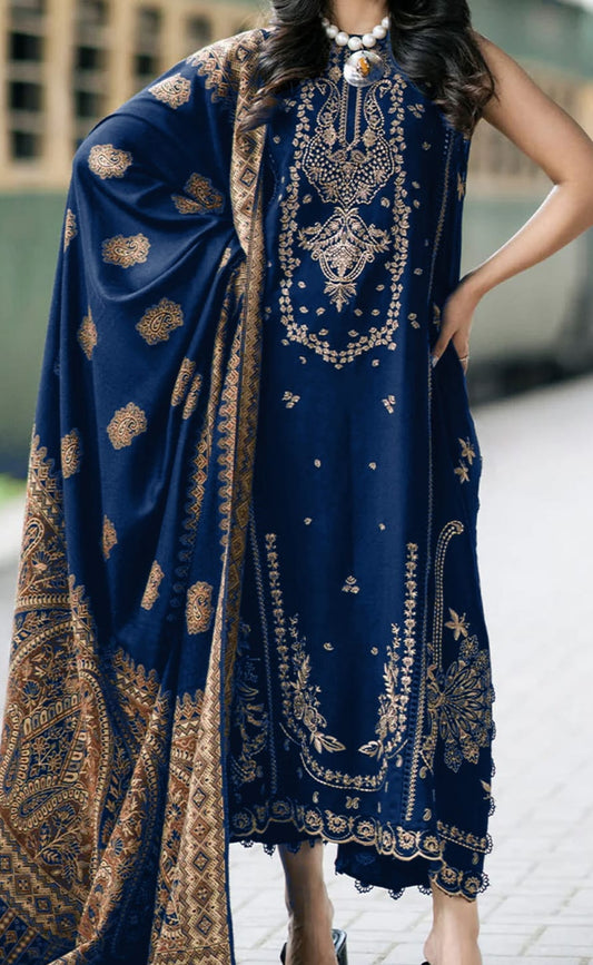 Heavy Embroidered Linen Suit with Bareeze Inspired Printed Shawl | ZINK