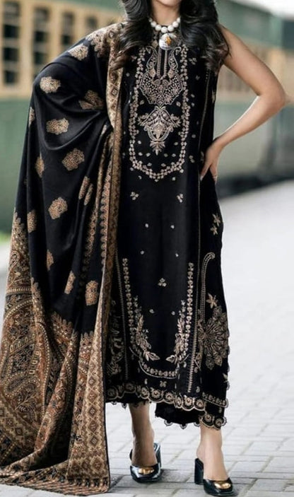 Heavy Embroidered Linen Suit with Bareeze Inspired Printed Shawl BLACK