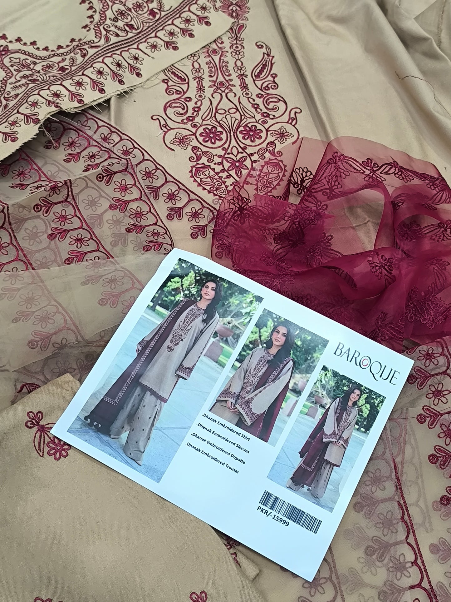 Winter Luxury Dhanak 3-Piece Embroidered Dress – Shirt, Trouser & Sleeves with Patches, 4-Side Dupatta SKIN MAROON BAROQUE