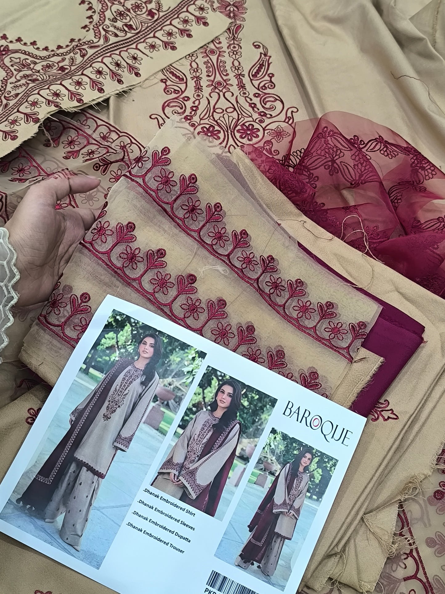 Winter Luxury Dhanak 3-Piece Embroidered Dress – Shirt, Trouser & Sleeves with Patches, 4-Side Dupatta SKIN MAROON BAROQUE