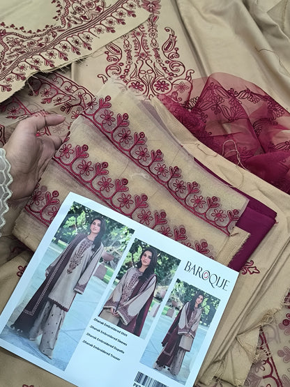 Winter Luxury Dhanak 3-Piece Embroidered Dress – Shirt, Trouser & Sleeves with Patches, 4-Side Dupatta SKIN MAROON BAROQUE