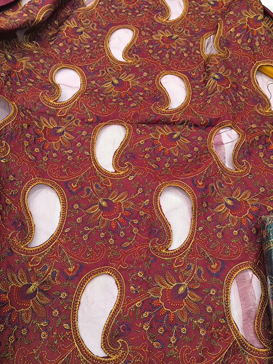 3-Piece Dhanak Winter Suit – Heavy Embroidered Shawl, Laser Cutwork Shirt & Trouser MANGO MAROON