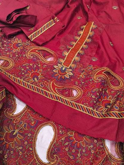 3-Piece Dhanak Winter Suit – Heavy Embroidered Shawl, Laser Cutwork Shirt & Trouser MANGO MAROON