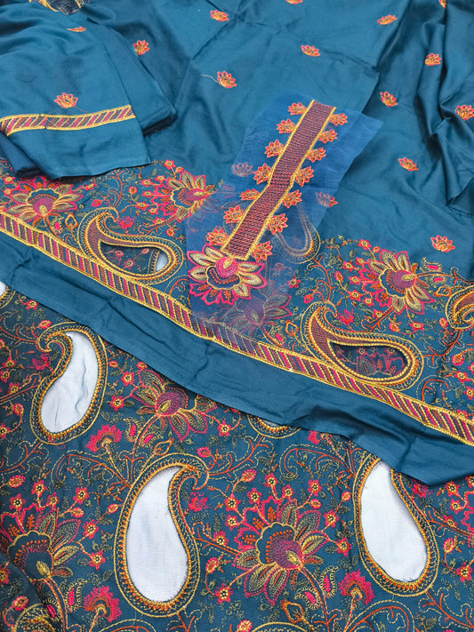 3-Piece Dhanak Winter Suit – Heavy Embroidered Shawl, Laser Cutwork Shirt & Trouser MANGO ZINK